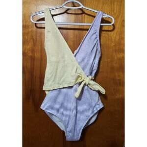 Kona Sol Womens Purple/Yellow Stripe Front Wrap Full Coverage Swimsuit Sz Small